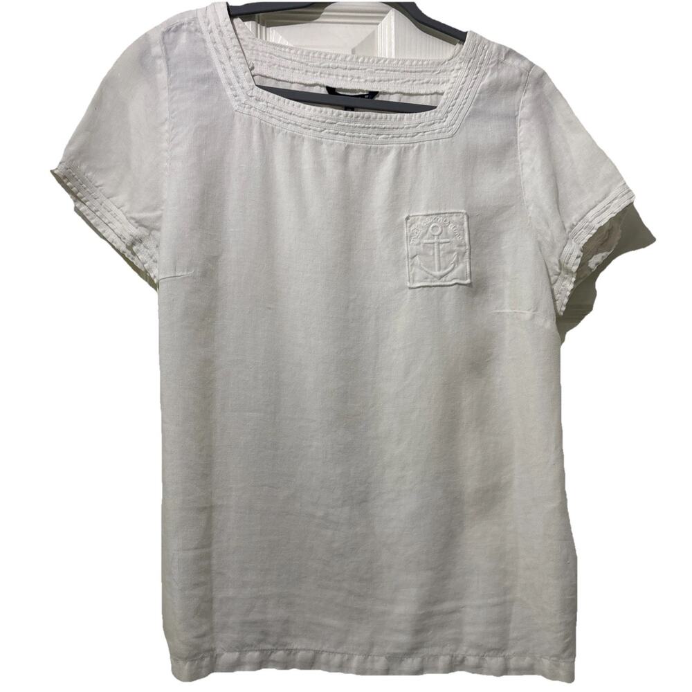mat de misaine White Linen Embroidered Cotton Top Coastal Anchor Cruise Size XL